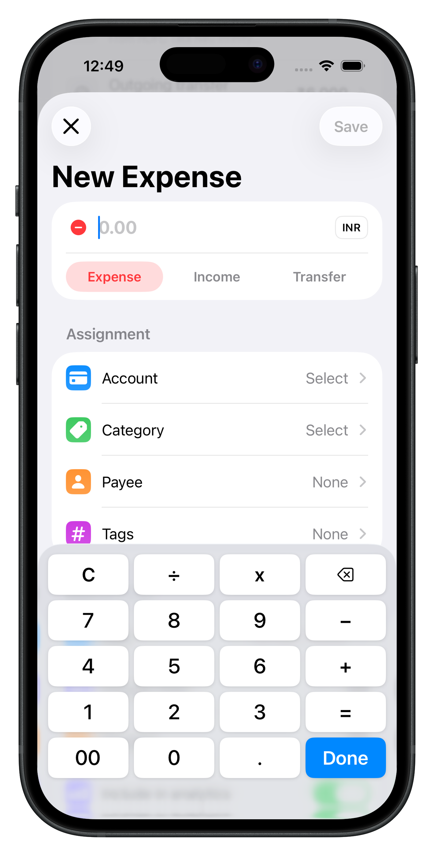 Add an expense or income in Atlantic Finance