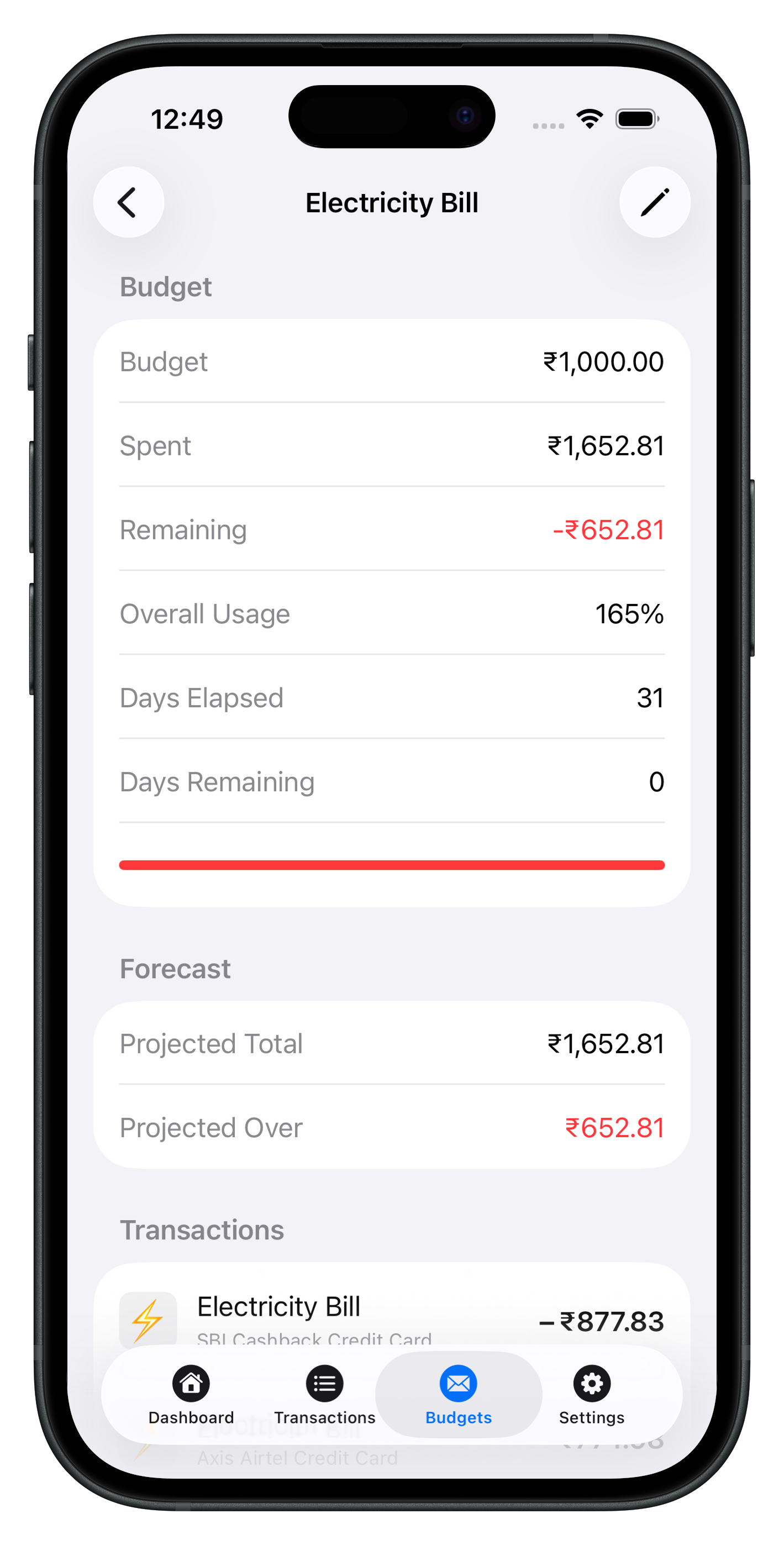 Budget category detail with spent and remaining